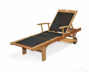 Teak Sunlounger with arms Sling Fabric- Black