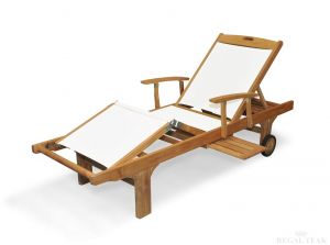 Teak Chaise Lounge White Sling with adjustable back, knee and tray